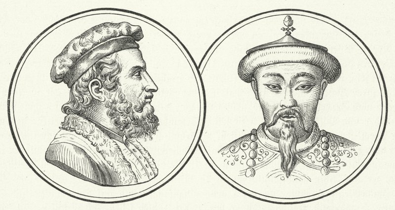 Marco Polo og Kublai Khan (gravering) av German School