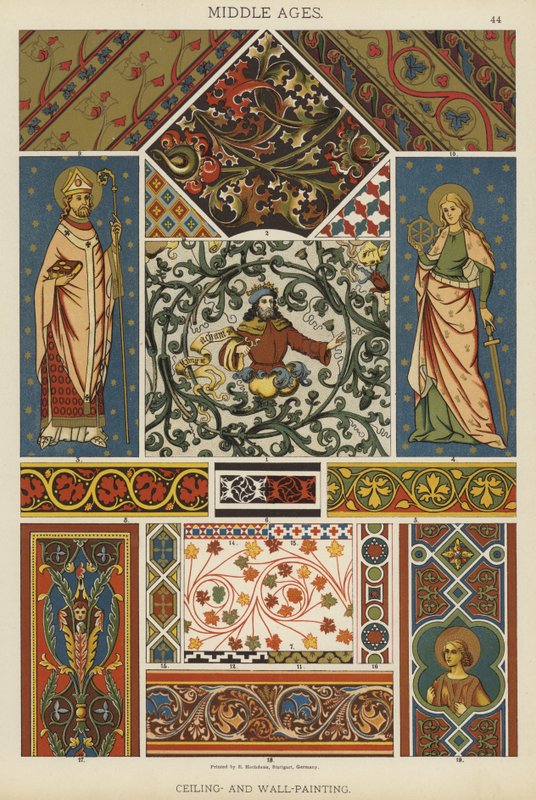 Middelalder, tak og veggmaling (farge litho) av German School