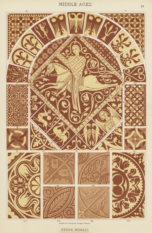 Middelalder, steinmosaikk (farge litho) av German School