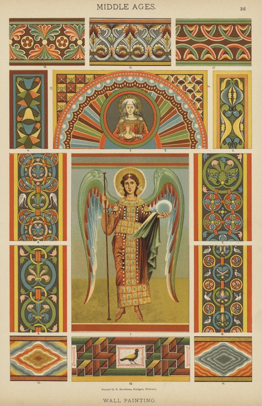 Middelalder, veggmaleri (farge litho) av German School