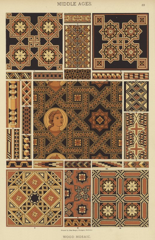 Middelalder, tremosaikk (farge litho) av German School