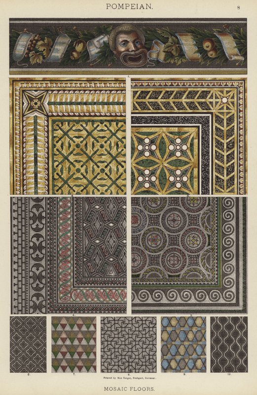 Pompeianske, mosaikkgulv (farge litho) av German School