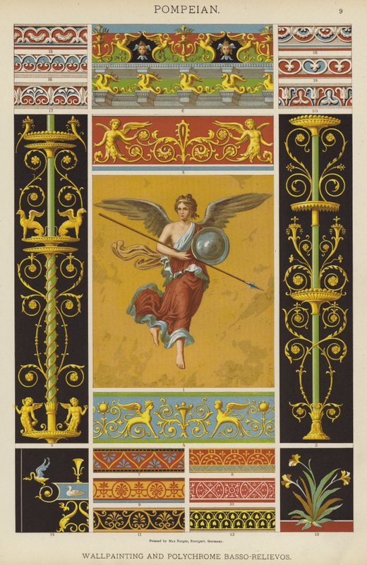 Pompeiansk, veggmaleri og polykrom Basso-Relievo (farge litho) av German School