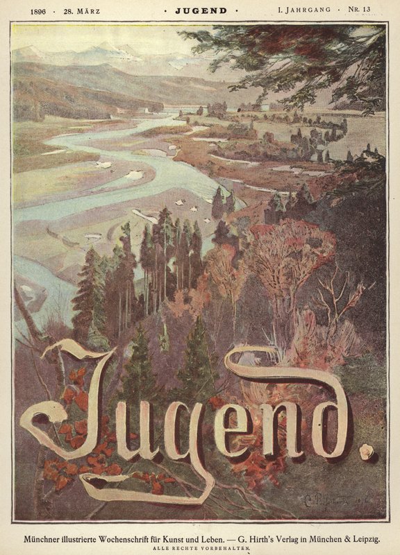 Elvedalslandskap (farge litho) av German School