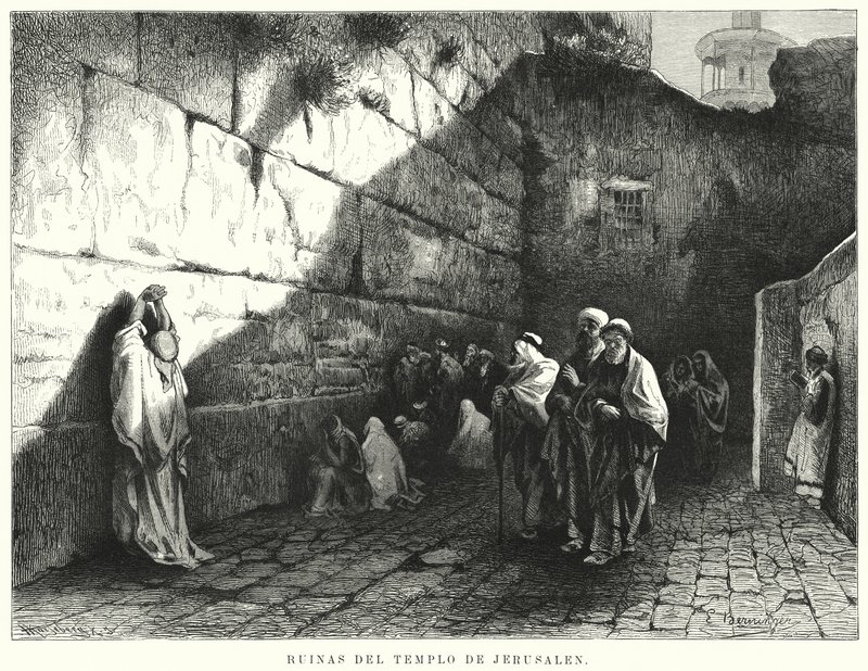 Ruinene av Jerusalems tempel (litho) av German School
