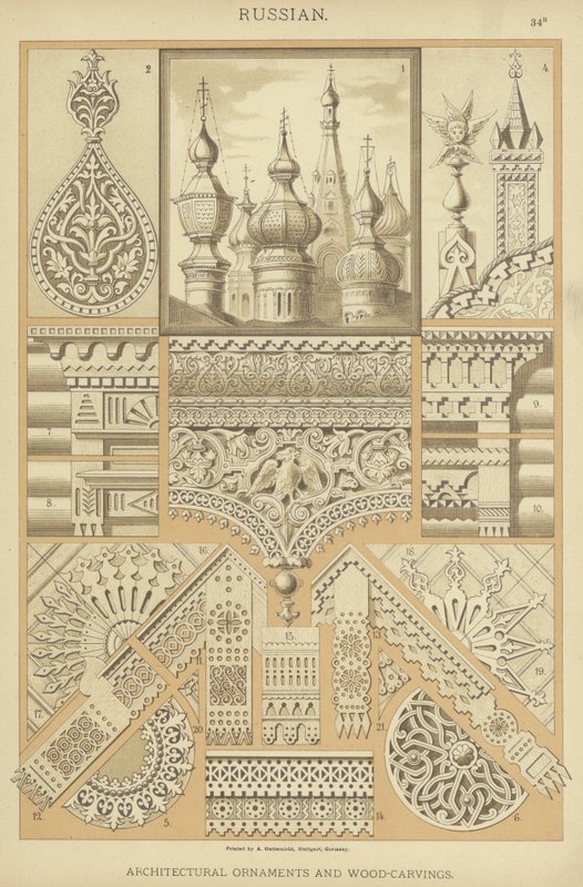 Russiske, arkitektoniske ornamenter og treskjæringer (farge litho) av German School