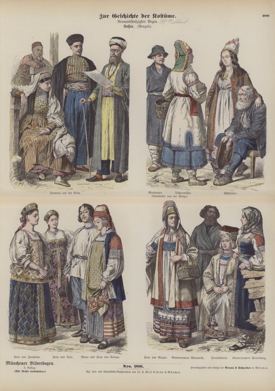 Russiske kostymer, sent på 1800-tallet (farget gravering) av German School