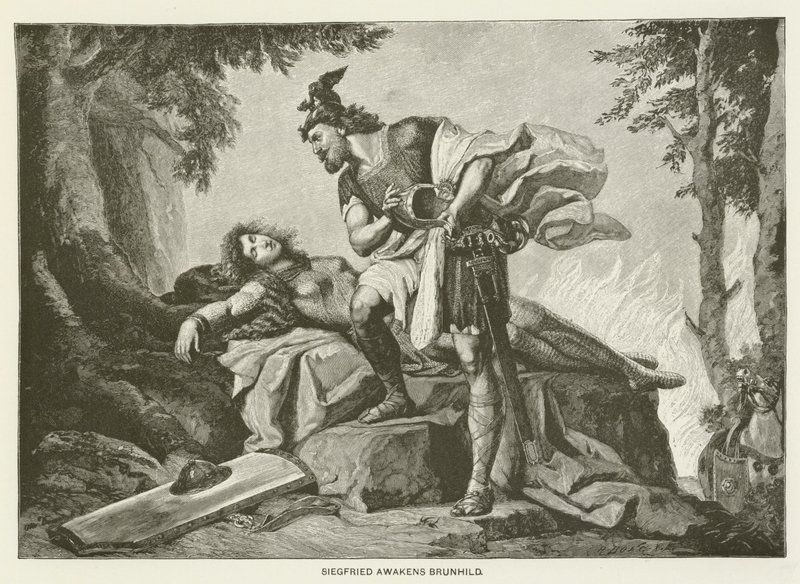 Siegfried vekker Brunhild (gravering) av German School