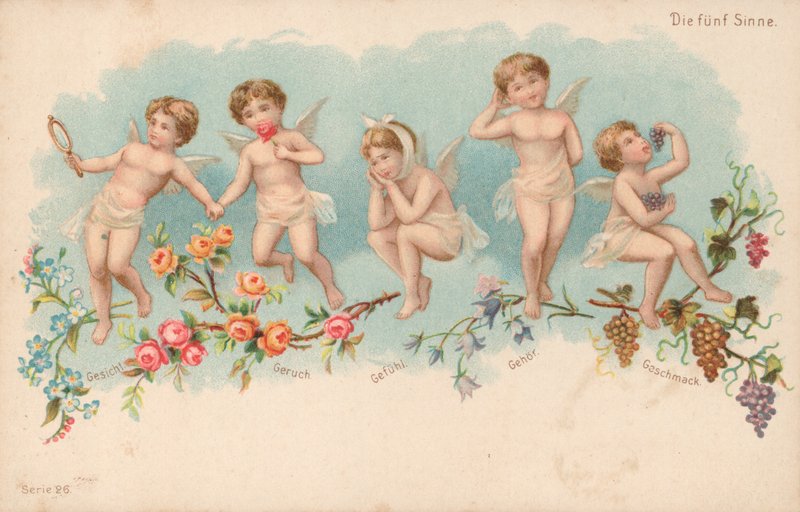 De fem sansene (farge litho) av German School