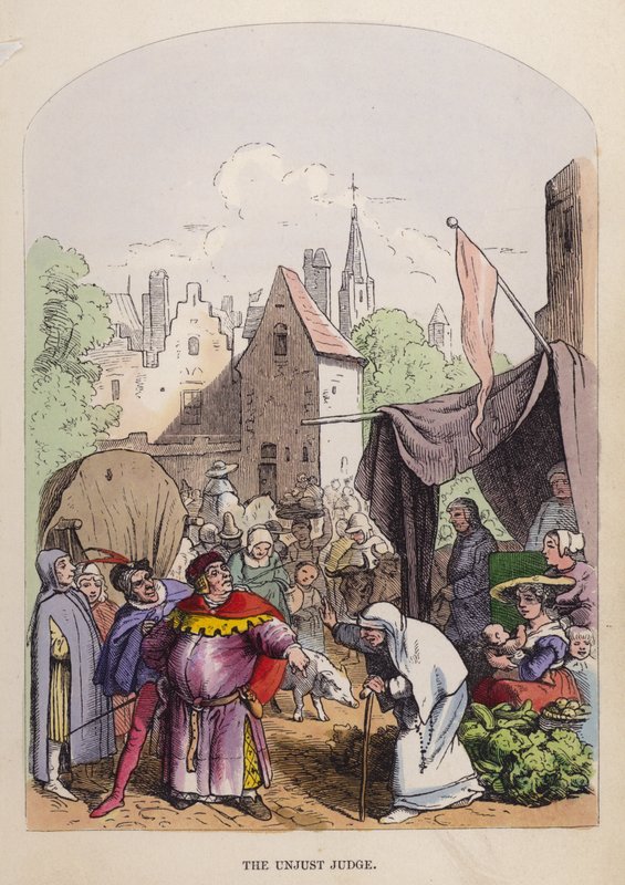 Den urettferdige dommeren (farge litho) av German School