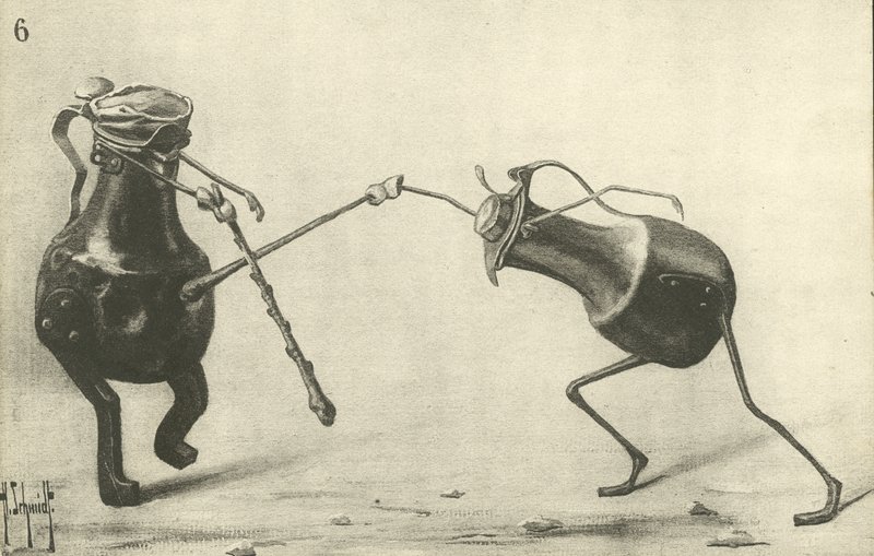 To kanner som kjemper en duell (litho) av German School