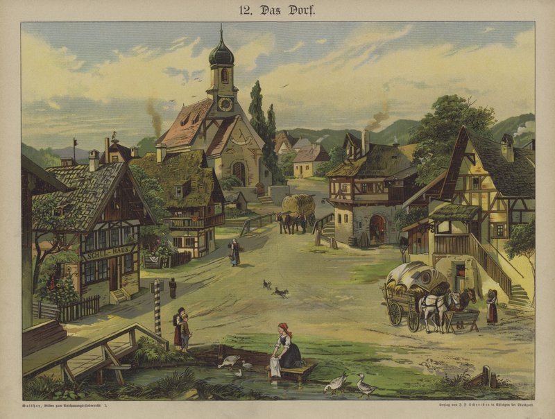 Landsby (farge litho) av German School