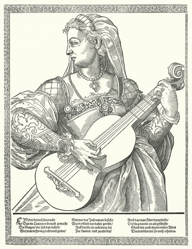 Kvinne spiller gitar (gravering) av German School