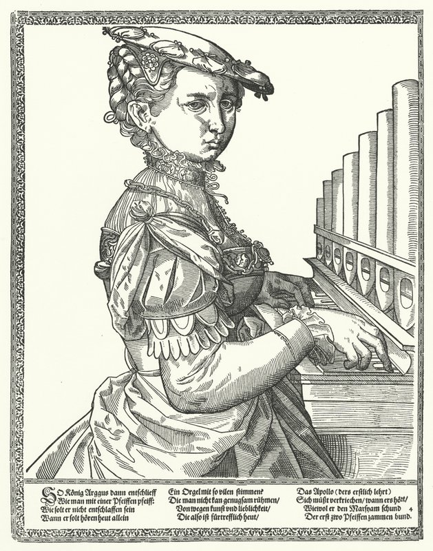 Kvinne spiller et orgel (gravering) av German School