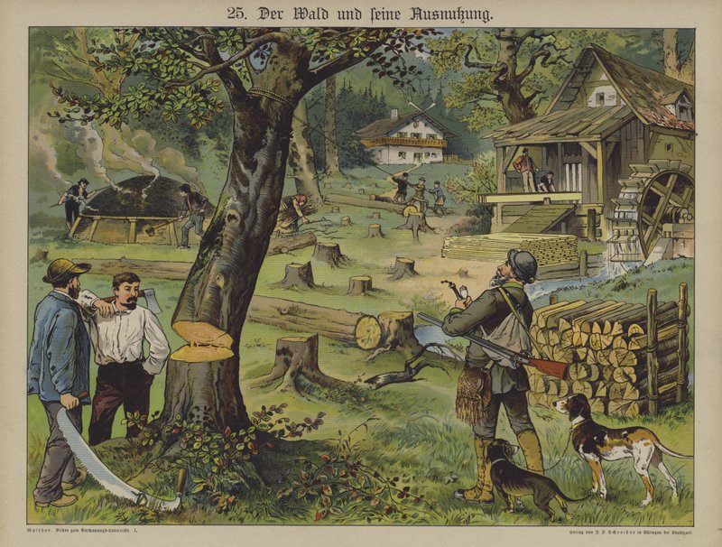 Trearbeidere (farge litho) av German School