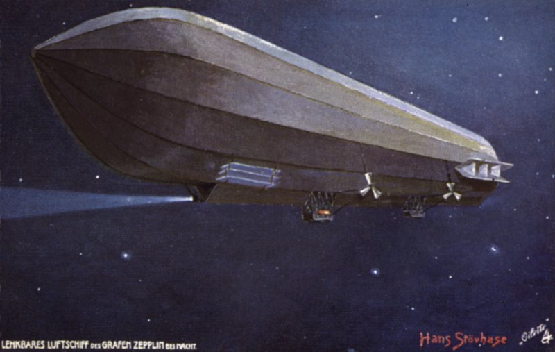 Zeppelin-luftskip som flyr om natten av German School