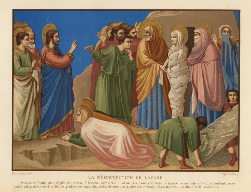 Raising of Lazarus (chromolitho) av Giotto di Bondone (after)