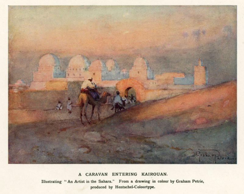 En campingvogn som kommer inn i Kairouan (farge litho) av Graham Petrie