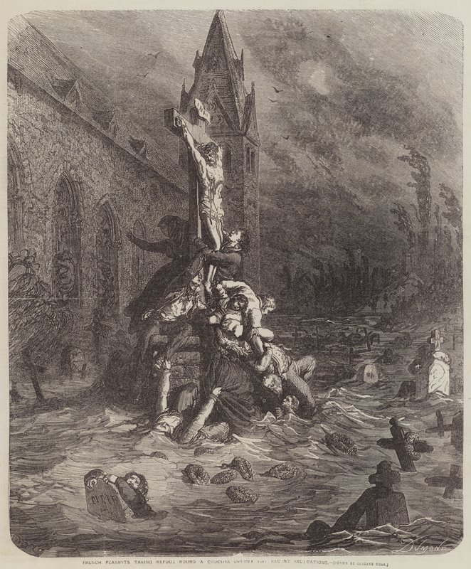 Franske bønder søker tilflukt rundt et krusifiks av Gustave Dore