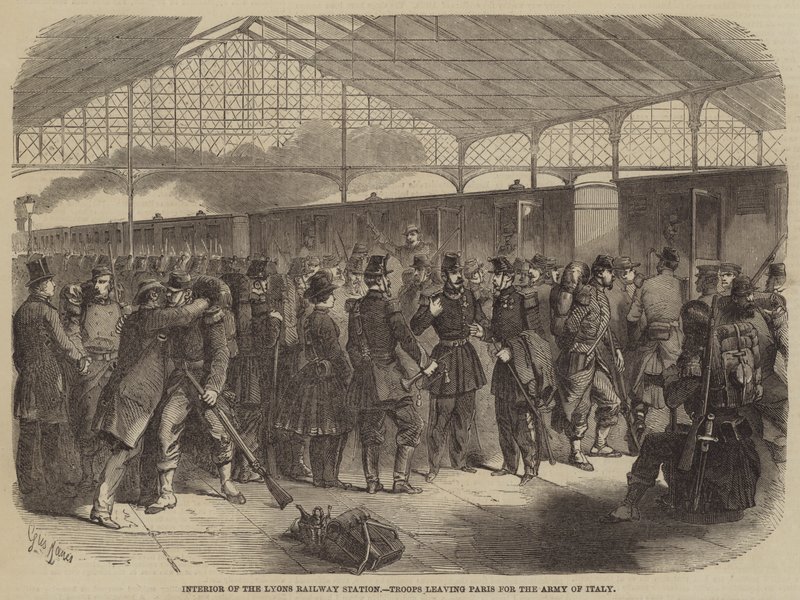 Interiør av Lyons jernbanestasjon, tropper forlater Paris for Army of Italy av Gustave Janet