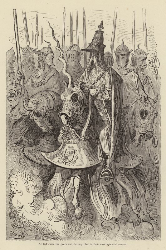 Til slutt kom jevnaldrende og baroner, ikledd sin flotteste rustning av Gustave after Dore