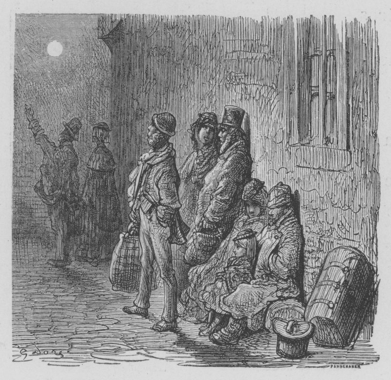 Entrangers som ankommer London The Eve Of The Derby av Gustave after Dore