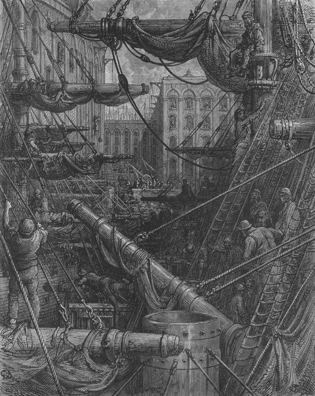 Interiør av dokker av Gustave after Dore