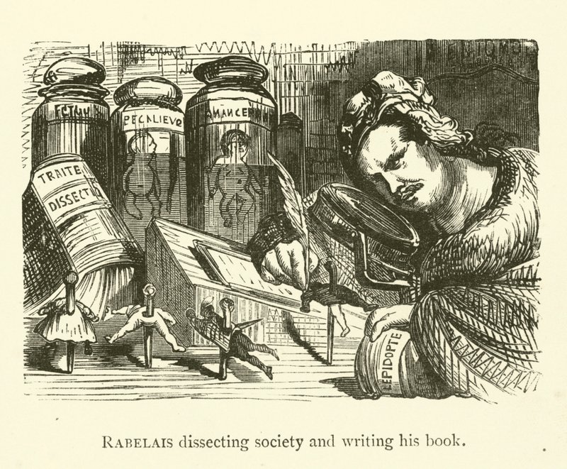 Rabelais dissekerer samfunnet og skriver boken sin av Gustave after Dore