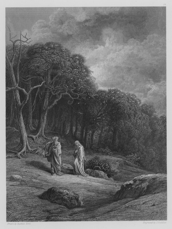 Vivien og Merlin går inn i skogen av Gustave after Dore