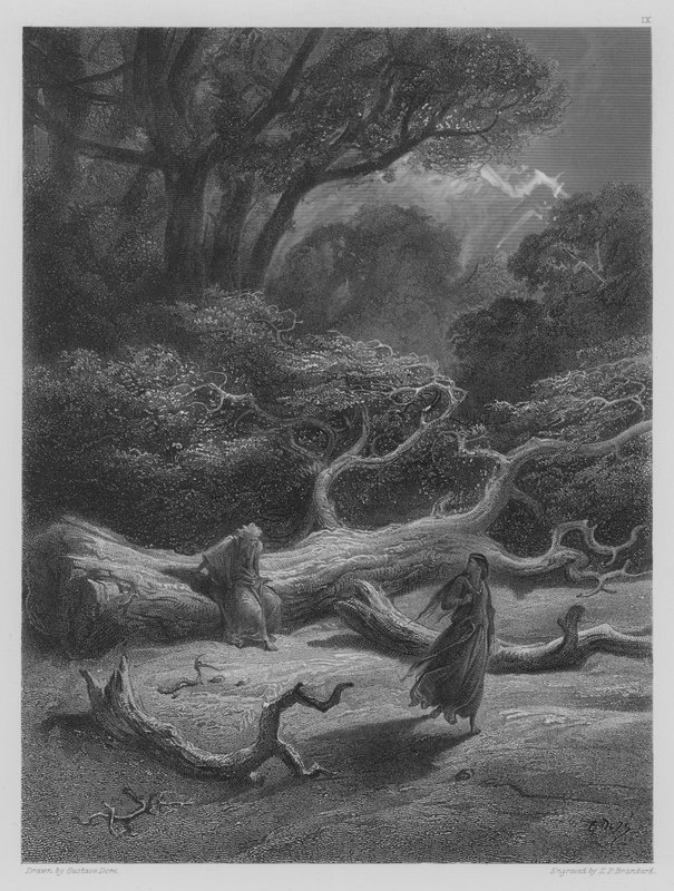 Vivien omslutter Merlin i treet av Gustave after Dore