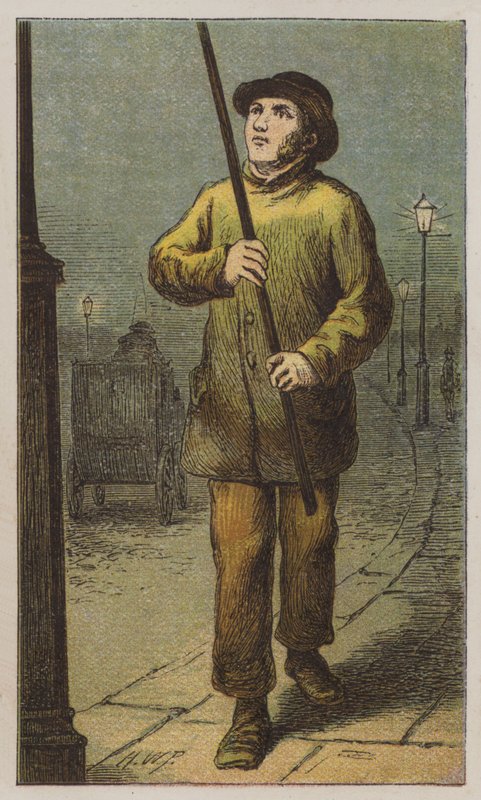 Lamplighter (farge litho) av H.W. (after) Petherick