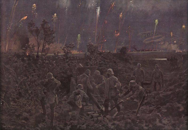 Natt angrep (farge litho) av Hans W. (after) Schmidt