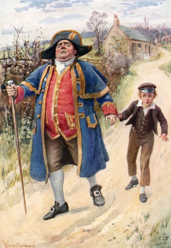 Mr. Bumble og Oliver Twist (farge litho) av Harold Copping