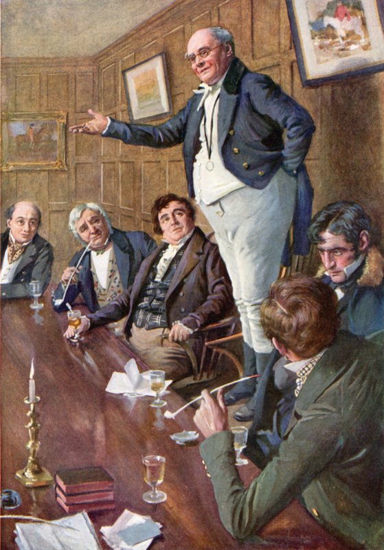 Mr Pickwick henvender seg til klubben (farge litho) av Harold Copping