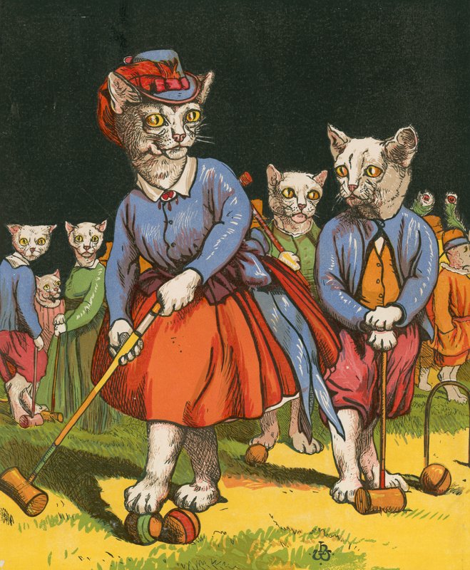 Katter som spiller krokket (farge litho) av Harrison William Weir