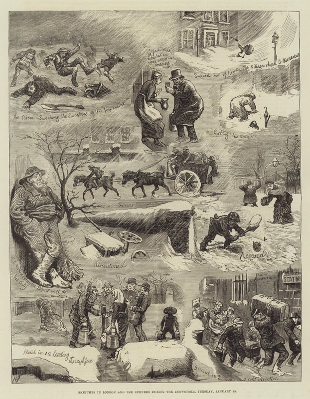 Skisser i London og forstedene under snøstormen, tirsdag 18. januar av Harry Furniss