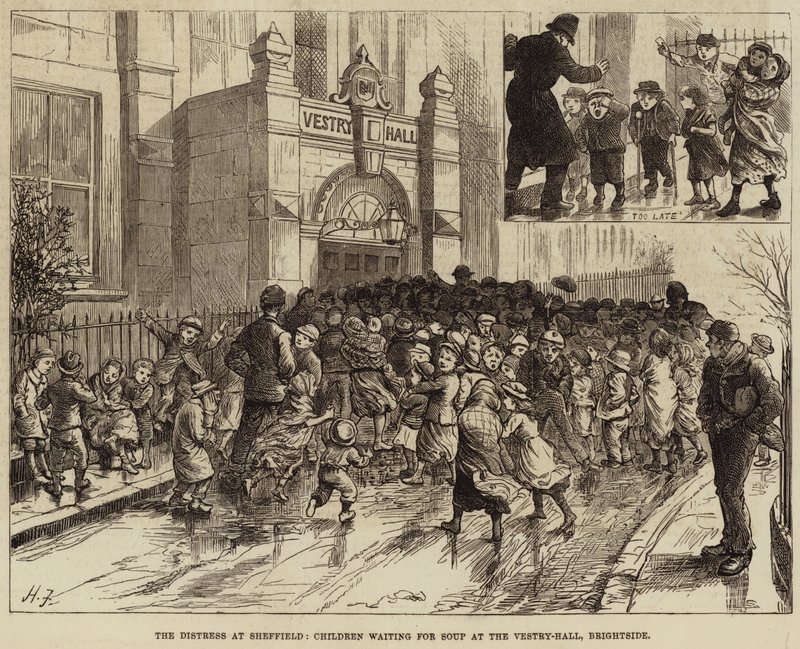 The Distress at Sheffield, Barn som venter på suppe i Vestry-Hall, Brightside av Harry Furniss