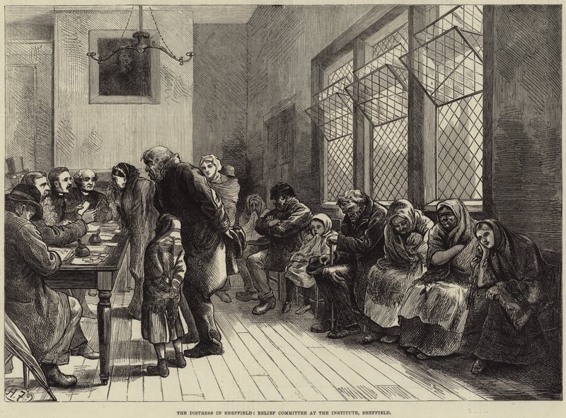 The Distress in Sheffield, Relief Committee ved Institute, Sheffield av Harry Furniss