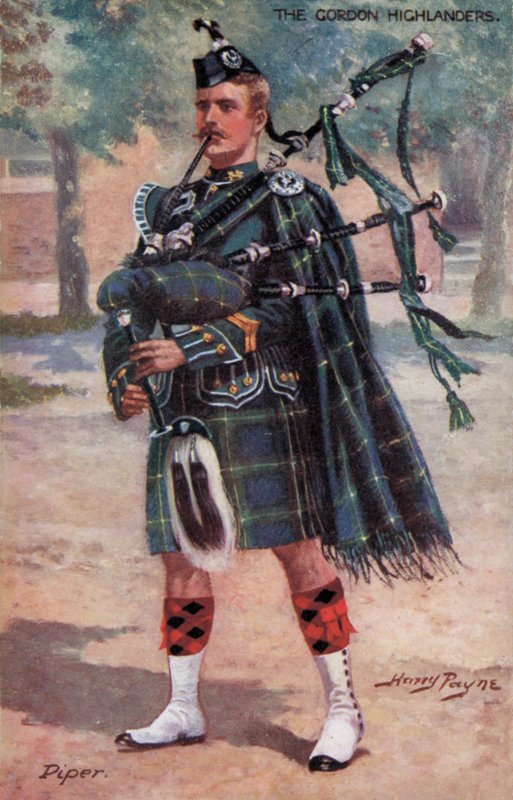 The Gordon Highlanders, Piper (farge litho) av Harry Payne
