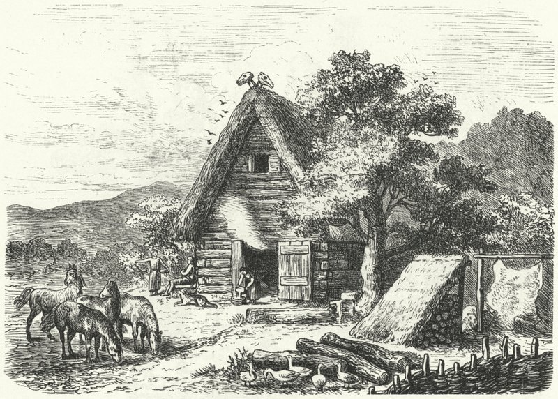 Gammelt tysk gårdshus (gravering) av Heinrich Leutemann