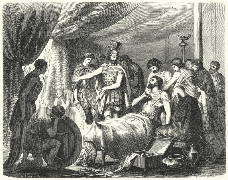 Epaminondas død, 362 f.Kr. (gravering) av Heinrich Leutemann