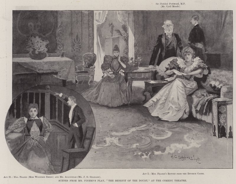 Scener fra Mr Pineros skuespill, The Benefit of the Doubt, på Comedy Theatre av Henry Charles Seppings Wright