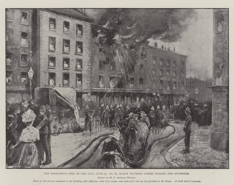 The Disastrous Fire in the City, 9. juni, nr. 67, Queen Victoria Street under utbruddet av Henry Charles Seppings Wright