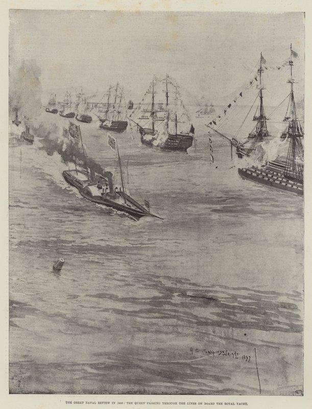 The Great Naval Review i 1856, dronningen passerte gjennom linjene om bord på Royal Yacht av Henry Charles Seppings Wright