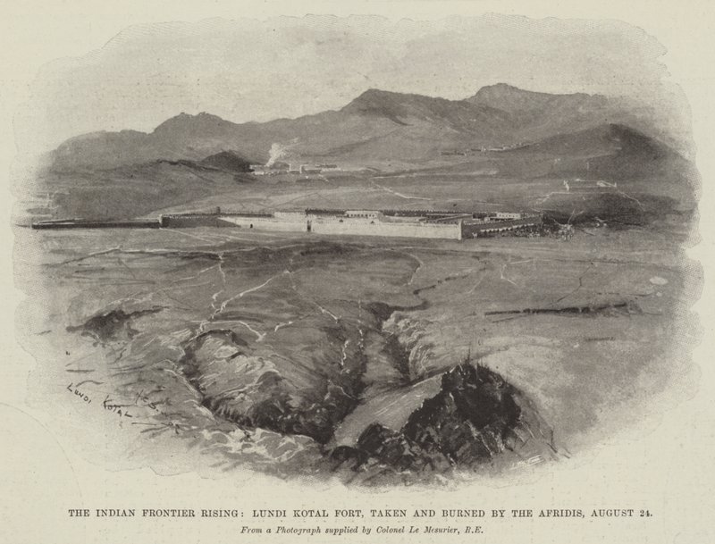 The Indian Frontier Rising, Lundi Kotal Fort, tatt og brent av Afridis, 24. august av Henry Charles Seppings Wright