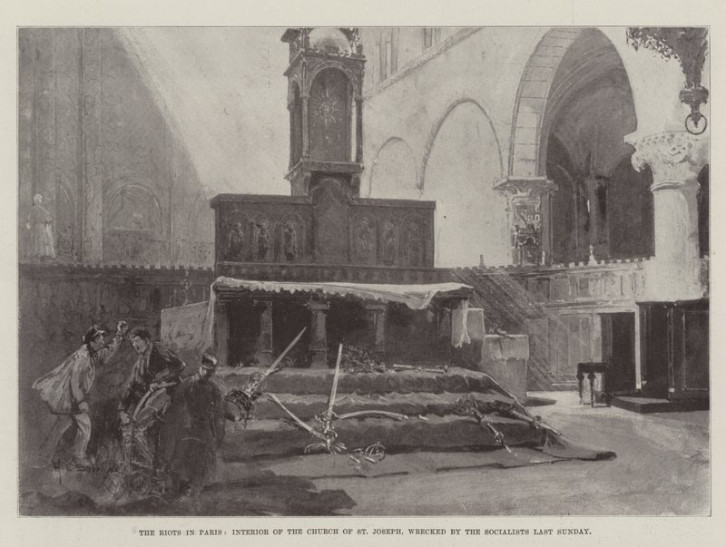 Opptøyene i Paris, interiøret i St Joseph-kirken, ødelagt av sosialistene sist søndag av Henry Charles Seppings Wright