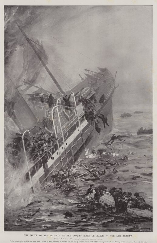 The Wreck of the Stella on the Casquet Rocks 30. mars, siste øyeblikk av Henry Charles Seppings Wright