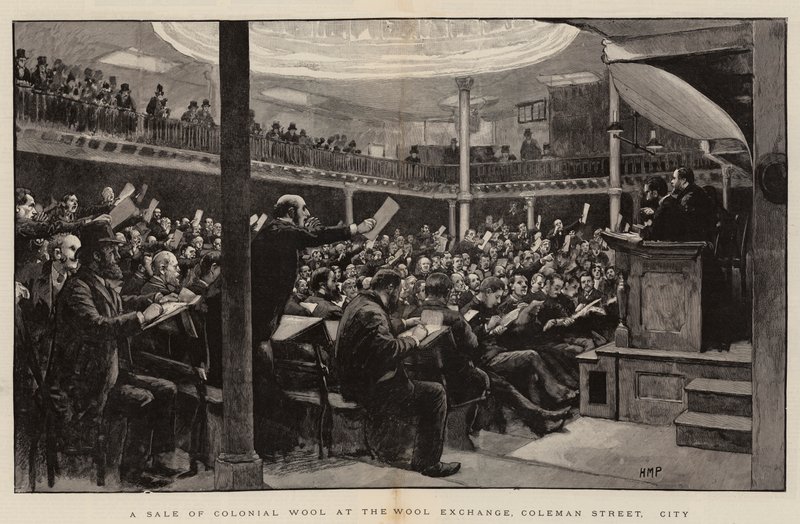 Et salg av Colonial Wool på Wool Exchange, Coleman Street, City av Henry Marriott Paget