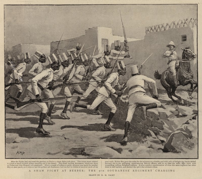 En falsk kamp ved Berber, det niende soudanesiske regiment anklager av Henry Marriott Paget