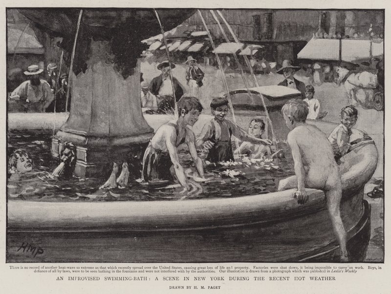 Et improvisert svømmebad, en scene i New York under det siste varme været av Henry Marriott Paget